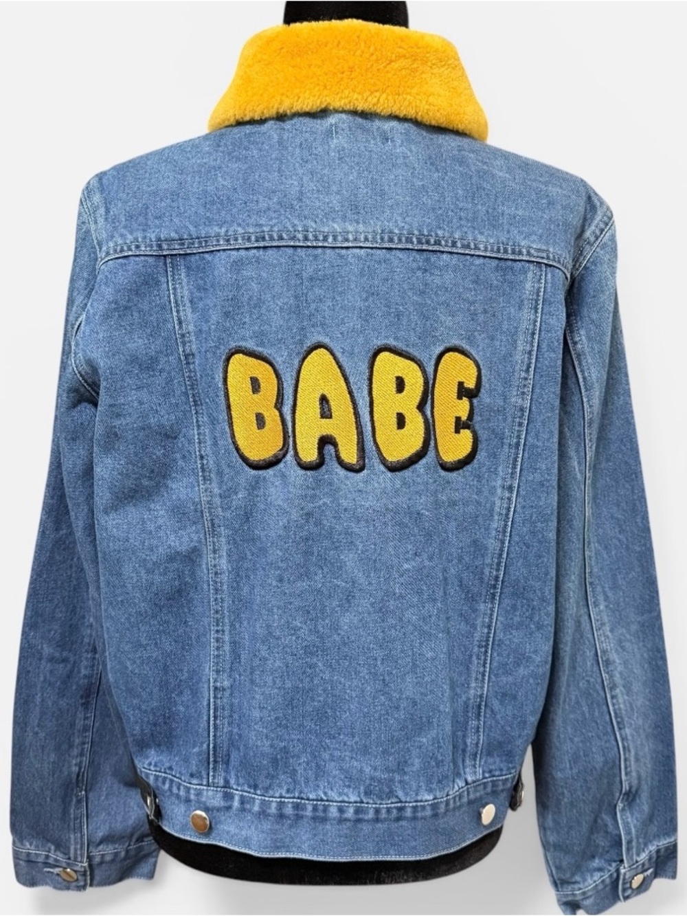 Samantha Sipos Denim Jacket Faux Shearling Collar BABE Patch Back Size 2XL - Picture 4 of 8